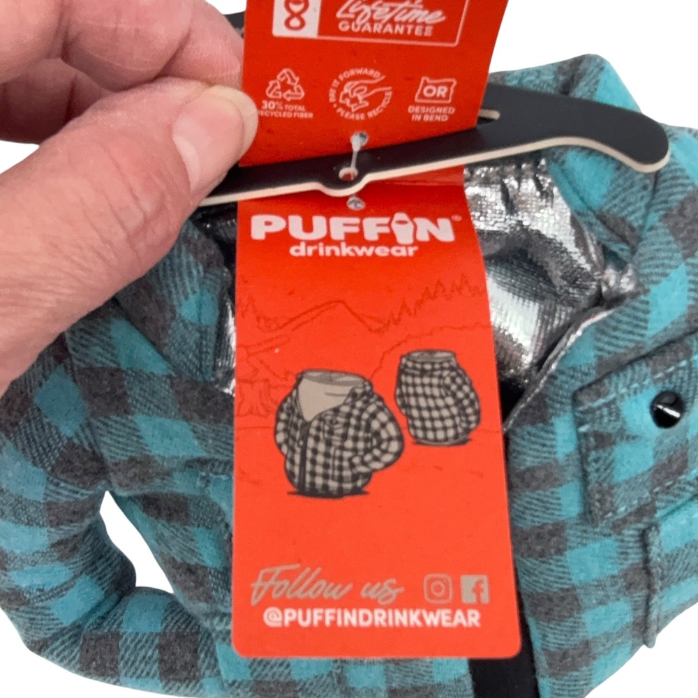 Puffin Drinkwear Flannel Plaid Shirt Can Cooler Cozy Fits 12oz 16oz Cans NWT - Picture 8 of 14